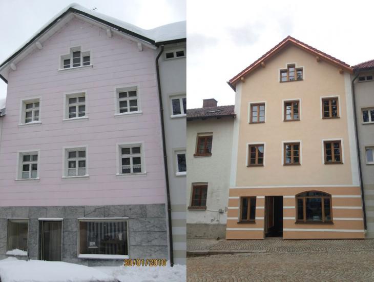 Nach der Sanierung (Bild rechts) des Wohnhauses im ehemaligen Klosterareal fügt sich die Fassade wieder ins Ortsbild ein